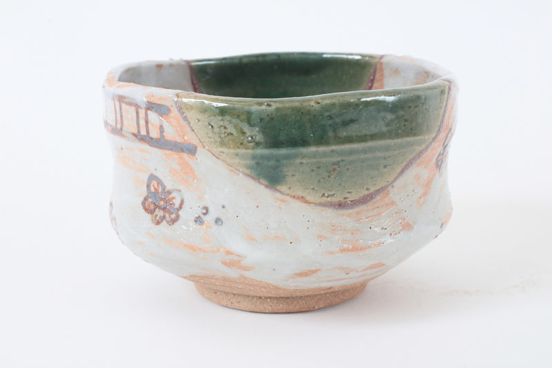 Mino ware Japanese Pottery Tea Ceremony Matcha Bowl Flower Drawn In Rust