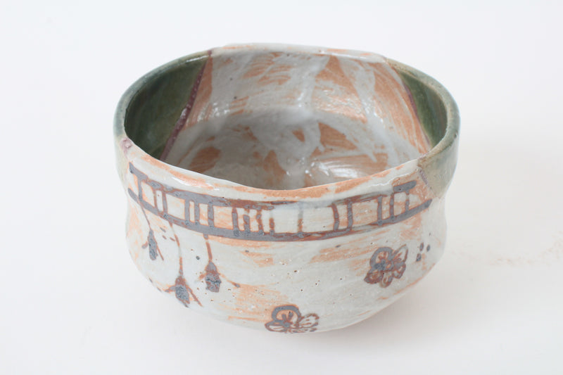Mino ware Japanese Pottery Tea Ceremony Matcha Bowl Flower Drawn In Rust