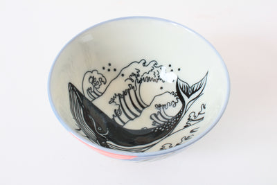 Mino ware Japanese Ceramics Rice Bowl Blue Whale & Sun made in Japan
