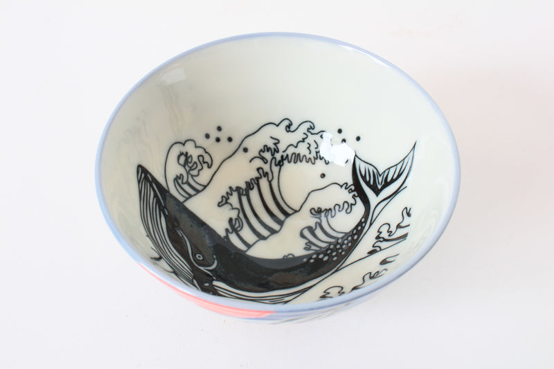 Mino ware Japanese Ceramics Rice Bowl Blue Whale & Sun made in Japan