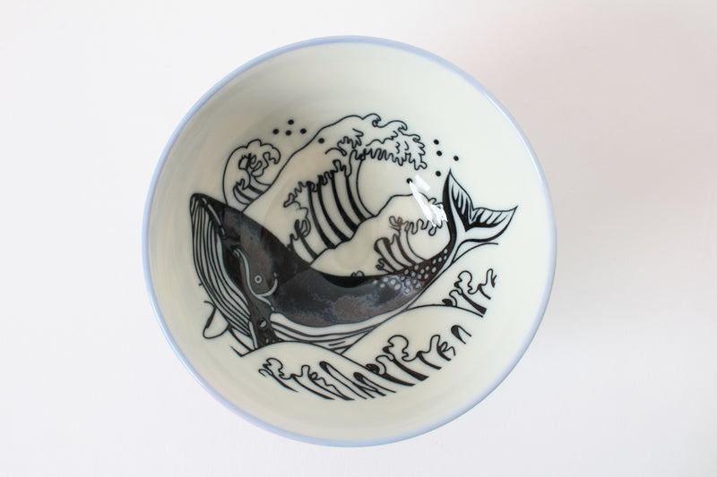 Mino ware Japanese Ceramics Rice Bowl Blue Whale & Sun made in Japan