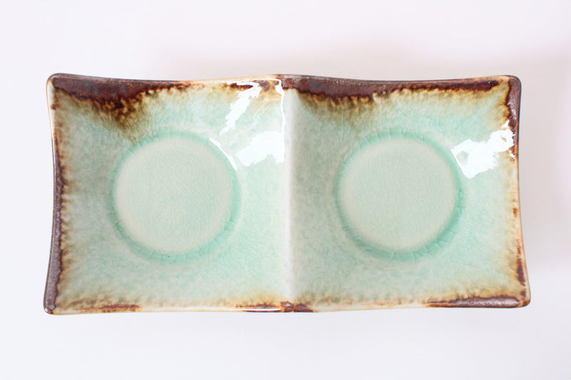 Mino ware Japanese Ceramics Two Section Plate Tea Green Color With a Brown Rim