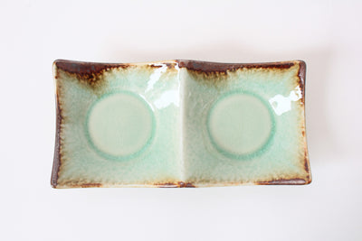 Mino ware Japanese Ceramics Two Section Plate Tea Green Color With a Brown Rim