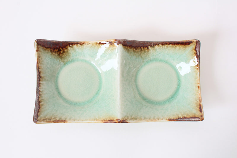Mino ware Japanese Ceramics Two Section Plate Tea Green Color With a Brown Rim