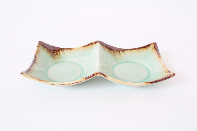 Mino ware Japanese Ceramics Two Section Plate Tea Green Color With a Brown Rim