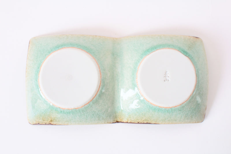 Mino ware Japanese Ceramics Two Section Plate Tea Green Color With a Brown Rim