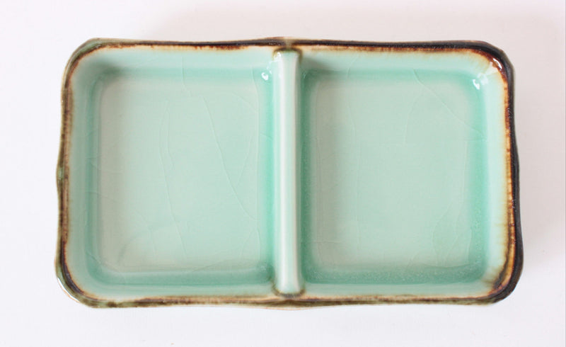 Mino ware Japanese Ceramics Two Section Plate Green Color With a Brown Rim (L)