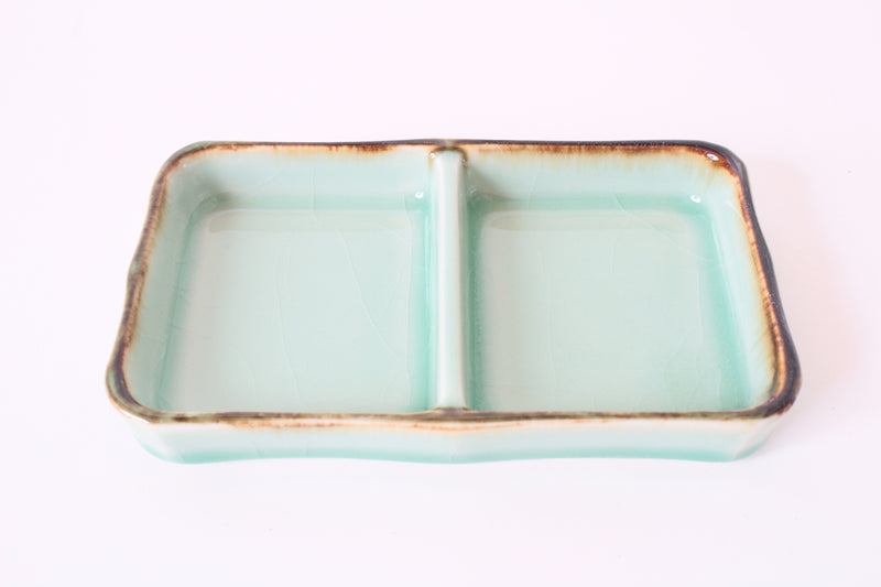Mino ware Japanese Ceramics Two Section Plate Green Color With a Brown Rim (L)