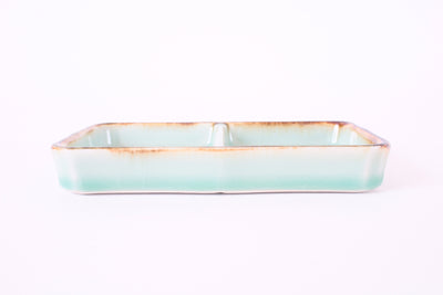 Mino ware Japanese Ceramics Two Section Plate Green Color With a Brown Rim (L)