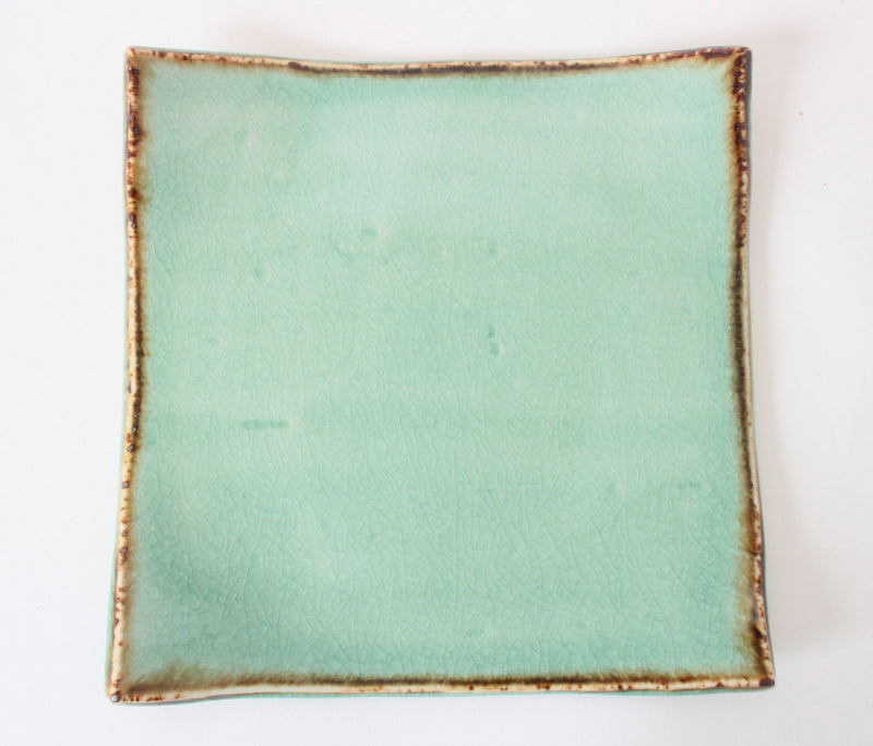 Mino ware Japanese Ceramics Square Plate (7.9 inch) Tea Green Color & Brown Rim
