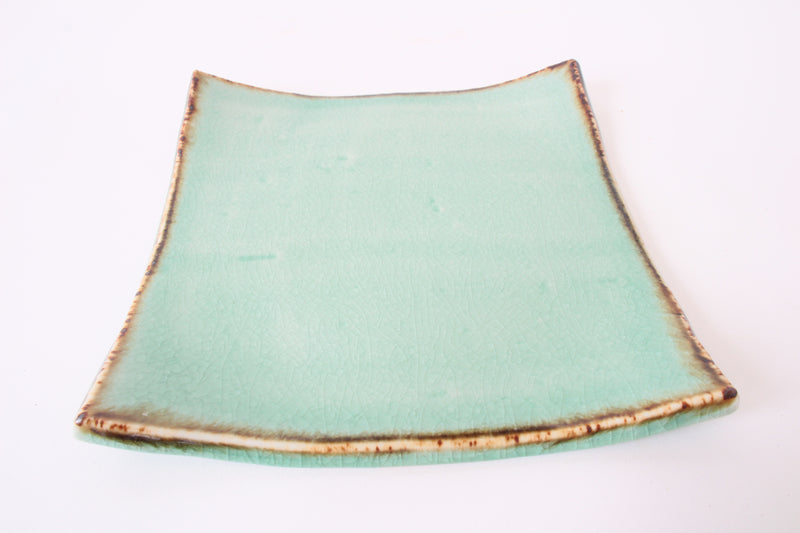 Mino ware Japanese Ceramics Square Plate (7.9 inch) Tea Green Color & Brown Rim