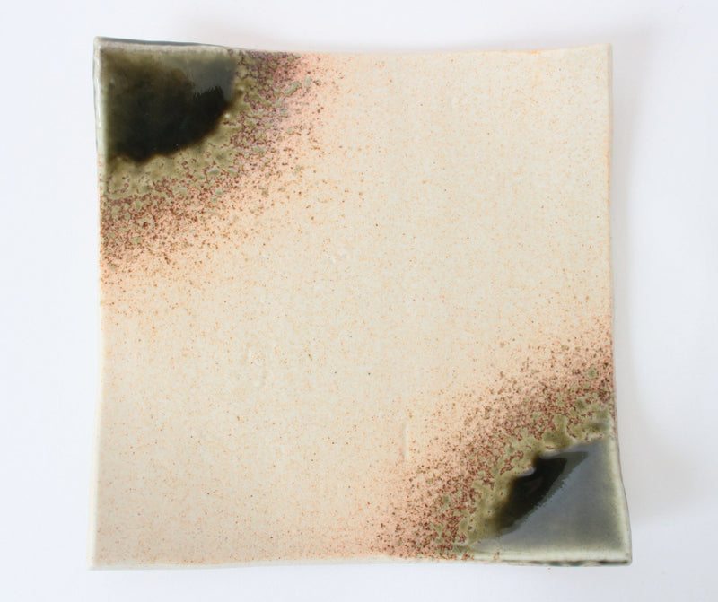 Mino ware Japanese Ceramics Square Plate (7.9 inch) Beige Accented With Green