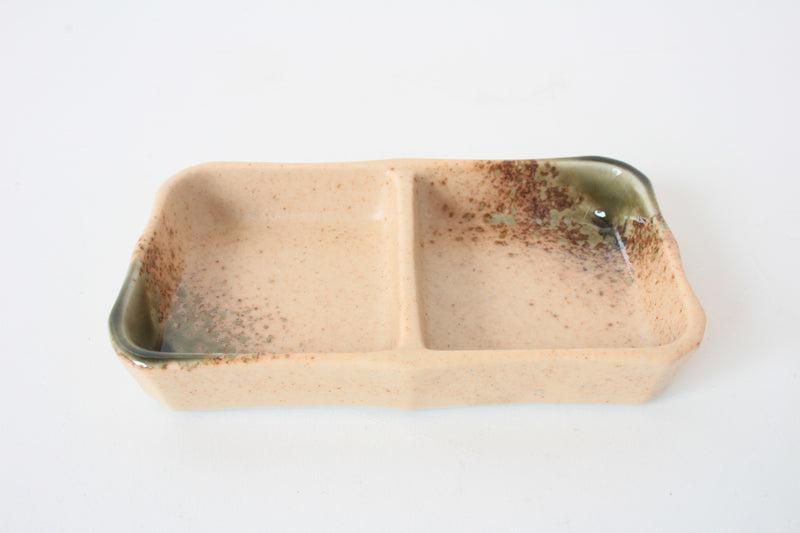 Mino ware Japanese Ceramics Two Section Beige Plate Accented With Green (M)