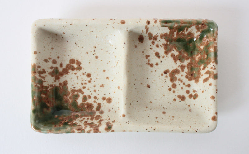 Mino ware Japanese Ceramics Two Section Plate Cream White With Green & Brown