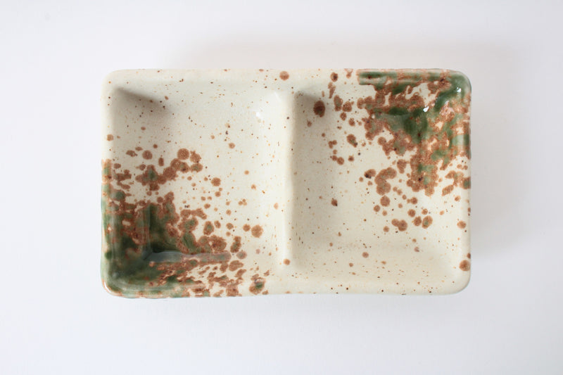 Mino ware Japanese Ceramics Two Section Plate Cream White With Green & Brown