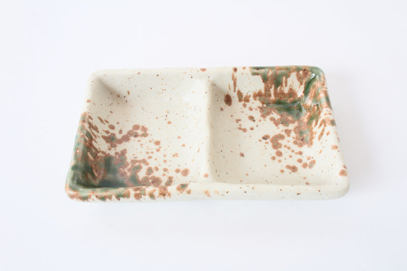 Mino ware Japanese Ceramics Two Section Plate Cream White With Green & Brown