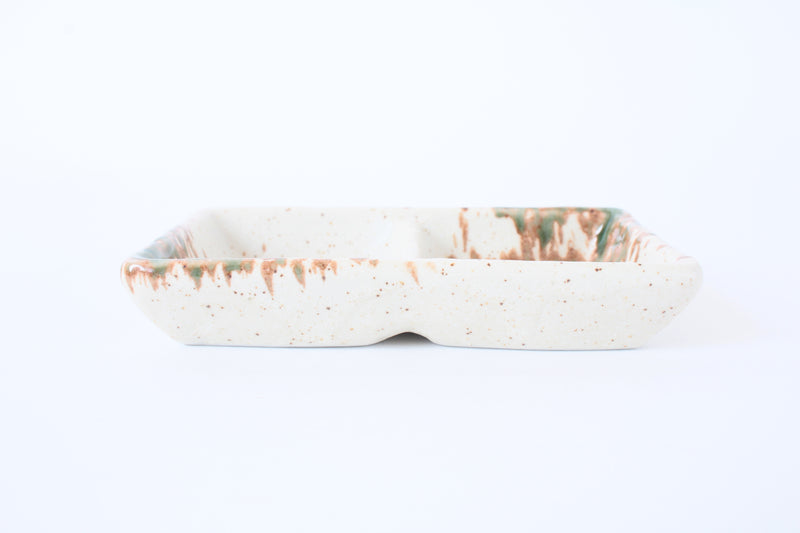 Mino ware Japanese Ceramics Two Section Plate Cream White With Green & Brown