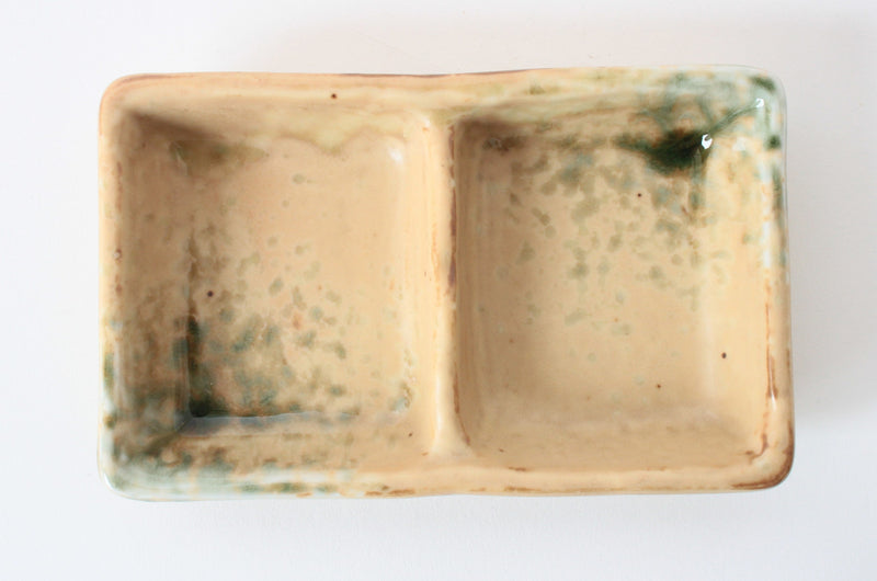 Mino ware Japanese Ceramics Two Section Plate Matte Beige With Accented Green