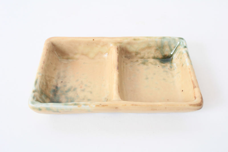 Mino ware Japanese Ceramics Two Section Plate Matte Beige With Accented Green