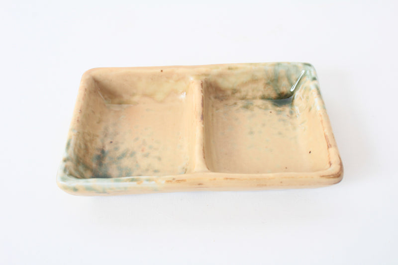Mino ware Japanese Ceramics Two Section Plate Matte Beige With Accented Green