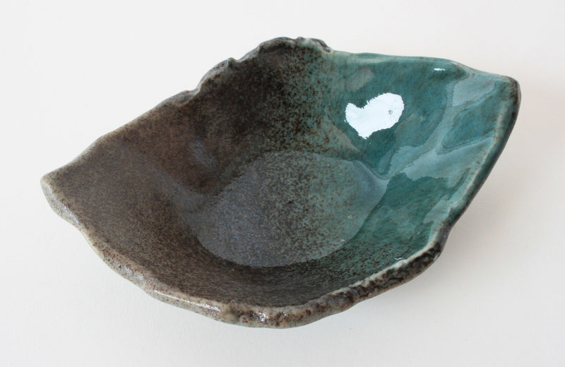 Mino ware Japanese Ceramics Leaf Shaped Small Bowl dark brown With Sea Green
