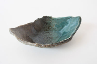 Mino ware Japanese Ceramics Leaf Shaped Small Bowl dark brown With Sea Green