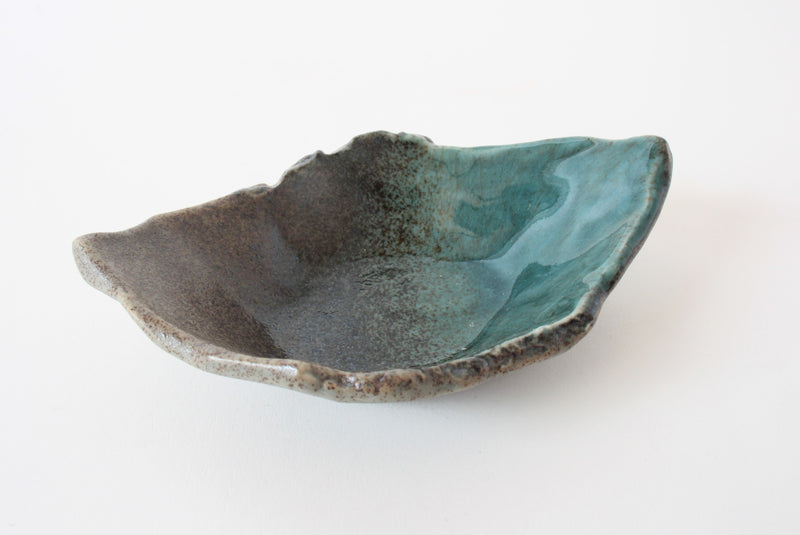 Mino ware Japanese Ceramics Leaf Shaped Small Bowl dark brown With Sea Green