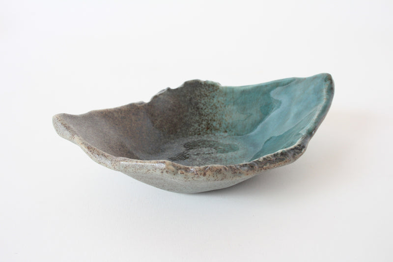 Mino ware Japanese Ceramics Leaf Shaped Small Bowl dark brown With Sea Green