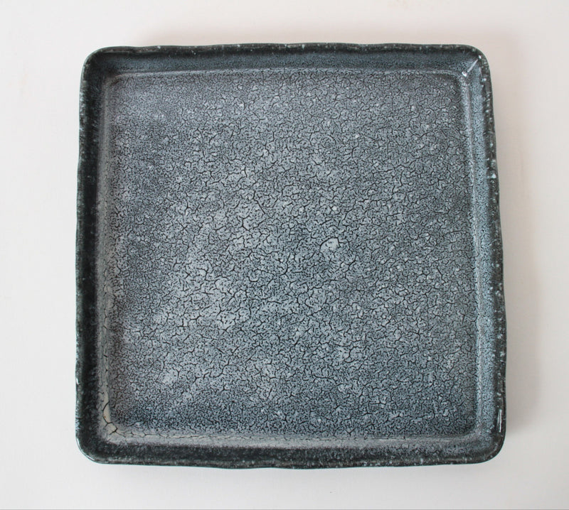 Mino ware Japanese Ceramics Square Plate (8.3 inch) Crackle Pattern Blue Gray