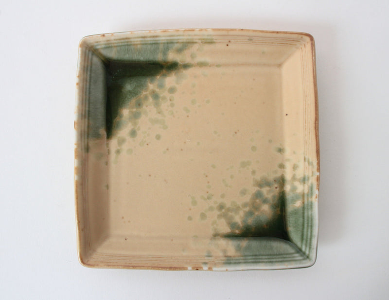 Mino ware Japanese Ceramics Square Plate (5.5 inch) Matte Beige With Green