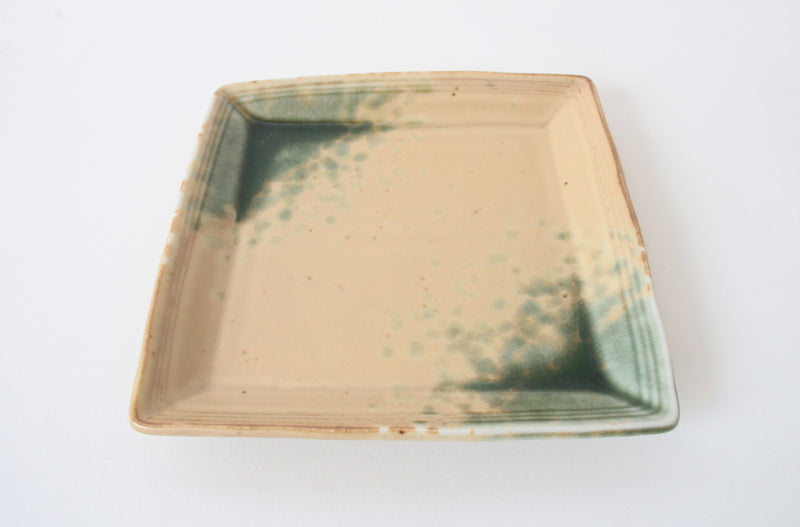 Mino ware Japanese Ceramics Square Plate (5.5 inch) Matte Beige With Green