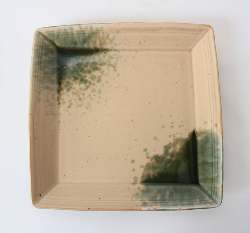 Mino ware Japanese Ceramics Square Plate (8.7 inch) Matte Beige With Green