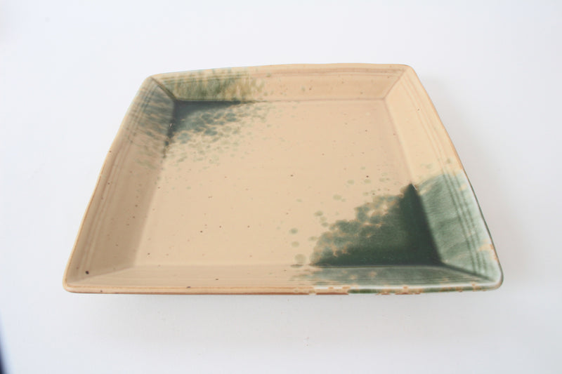 Mino ware Japanese Ceramics Square Plate (8.7 inch) Matte Beige With Green