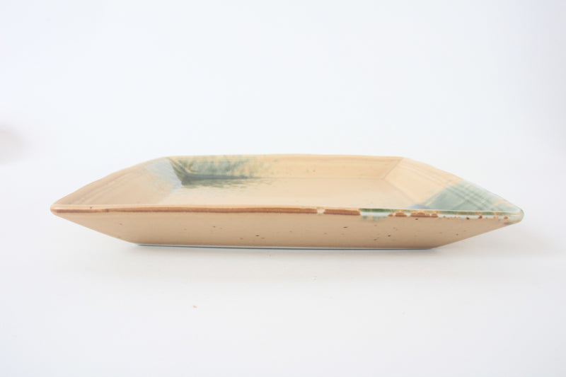 Mino ware Japanese Ceramics Square Plate (8.7 inch) Matte Beige With Green