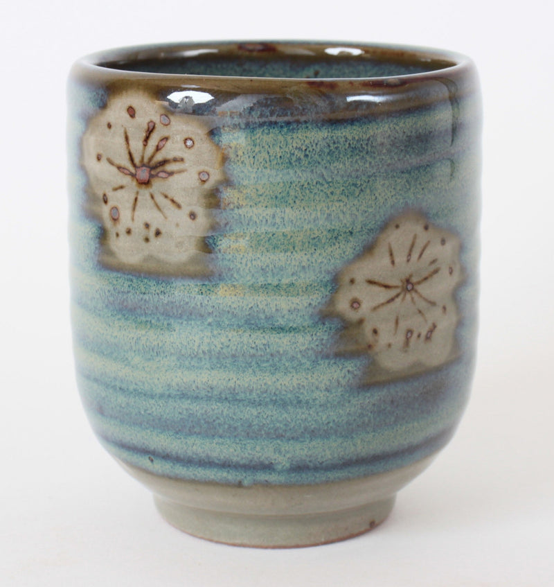 Mino ware Japanese Sushi Yunomi Chawan Tea Cup Plum Flowers Beige & Yellow Green