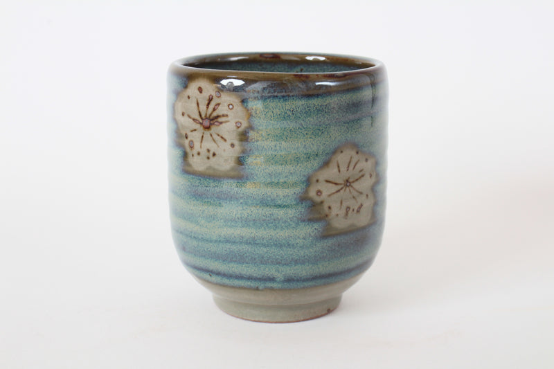 Mino ware Japanese Sushi Yunomi Chawan Tea Cup Plum Flowers Beige & Yellow Green
