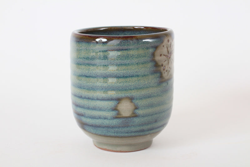 Mino ware Japanese Sushi Yunomi Chawan Tea Cup Plum Flowers Beige & Yellow Green