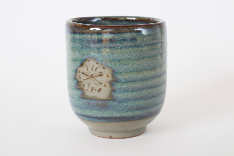Mino ware Japanese Sushi Yunomi Chawan Tea Cup Plum Flowers Beige & Yellow Green