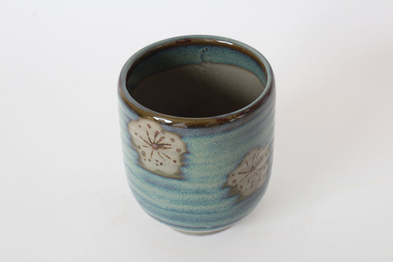 Mino ware Japanese Sushi Yunomi Chawan Tea Cup Plum Flowers Beige & Yellow Green