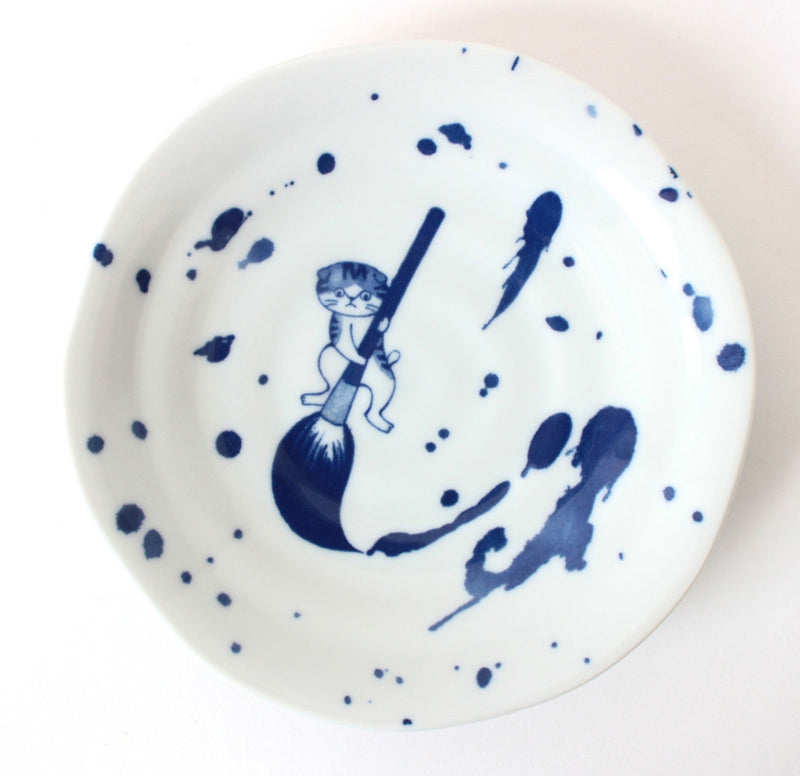 Mino ware Japanese Ceramics 6.5 inch Round Plate Japanese Cats Brush and Ink