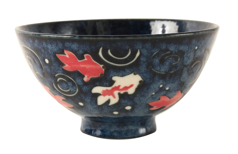 Mino ware Japanese Ceramics Rice Bowl Red and White Goldfish, Navyblue, Hand-painted made in Japan