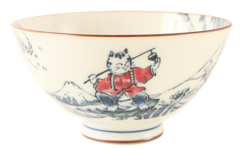 Mino ware Japanese Ceramics Rice Bowl Big Wave & Mt. Fuji w/ Cat Surfing made in Japan