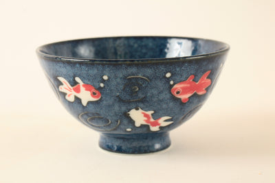 Mino ware Japanese Ceramics Rice Bowl Red and White Goldfish, Navyblue, Hand-painted made in Japan