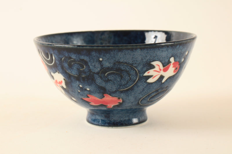 Mino ware Japanese Ceramics Rice Bowl Red and White Goldfish, Navyblue, Hand-painted made in Japan