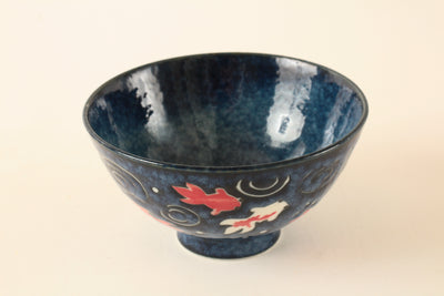 Mino ware Japanese Ceramics Rice Bowl Red and White Goldfish, Navyblue, Hand-painted made in Japan