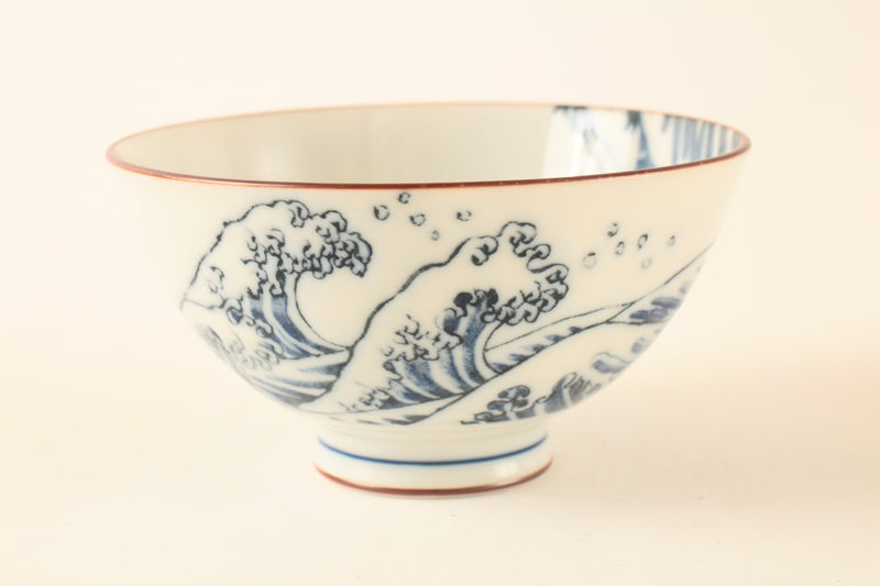 Mino ware Japanese Ceramics Rice Bowl Big Wave & Mt. Fuji w/ Cat Surfing made in Japan