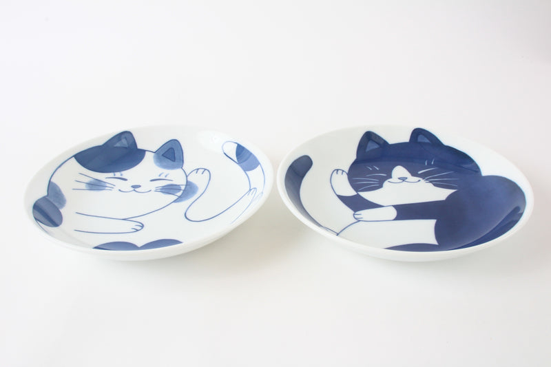 Mino ware Japanese Ceramics Set of two large plates with two different cat designs(Tuxedo,Calico)