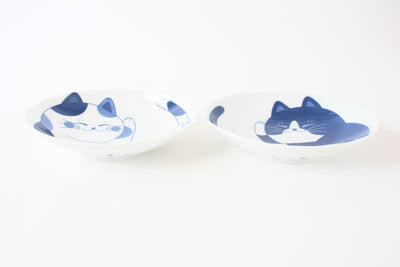 Mino ware Japanese Ceramics Set of two big oval deep plates with two different cat designs(Tuxedo,Calico)