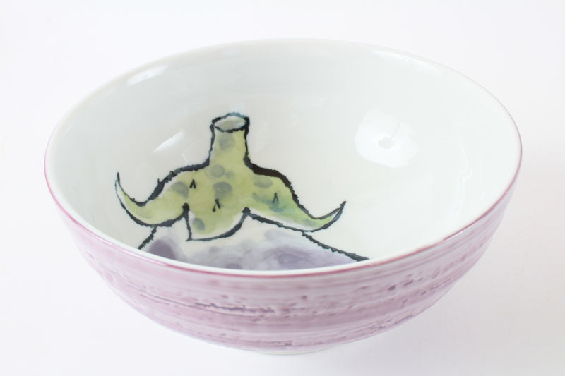 Mino Ware Japanese Ceramic Ramen Bowl with Eggplant Design, Made in Japan