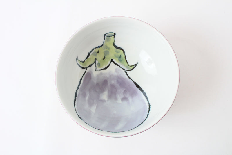 Mino Ware Japanese Ceramic Ramen Bowl with Eggplant Design, Made in Japan